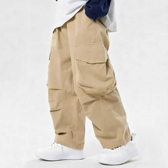 NAISIBABY Boys Cargo Pants Size 12, Wide Leg Fashion Baggy Elastic Waist Cotton Casual Pants Khaki