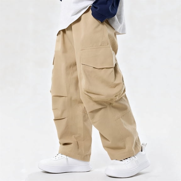 NAISIBABY Boys Cargo Pants Size 12, Wide Leg Fashion Baggy Elastic Waist Cotton Casual Pants Khaki