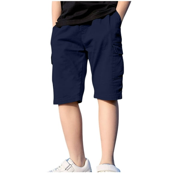 NAISIBABY Boys Cargo Shorts, Elastic Waist Solid Color Cotton Summer Casual Shorts Navy 13-15T