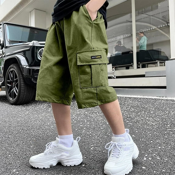 NAISIBABY Boys Cargo Shorts, Loose Fit Elastic Waist with Pockets Summer 2025 Casual Active Shorts Army Green 10-11T