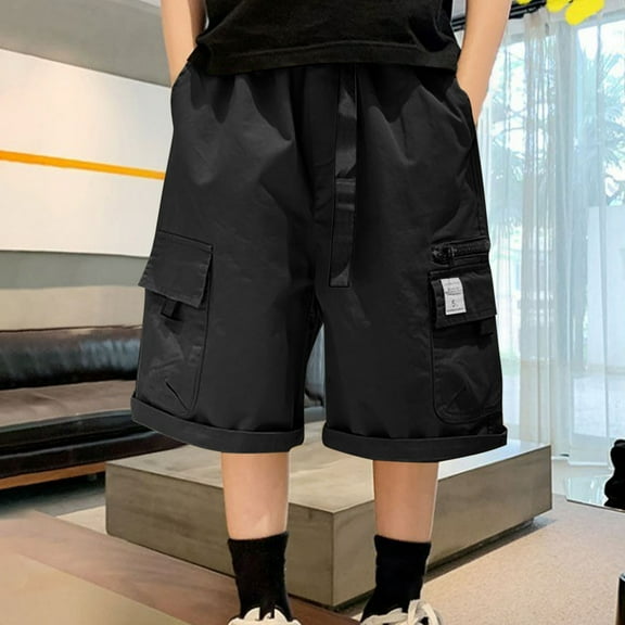 NAISIBABY Boys Cargo Shorts, Trendy Cotton Elastic Waist Baggy Fit Kids Summer Causal Shorts Black 15T