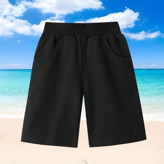 NAISIBABY Boys Casual Shorts, Comfy Loose Elastic Waist Solid Color Pull-On Sports Shorts Black 10-11T