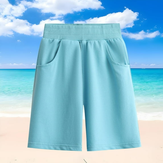NAISIBABY Boys Casual Shorts, Elastic Waist Comfy Loose Solid Color Pull-On Sports Shorts Sky Blue 8-9T