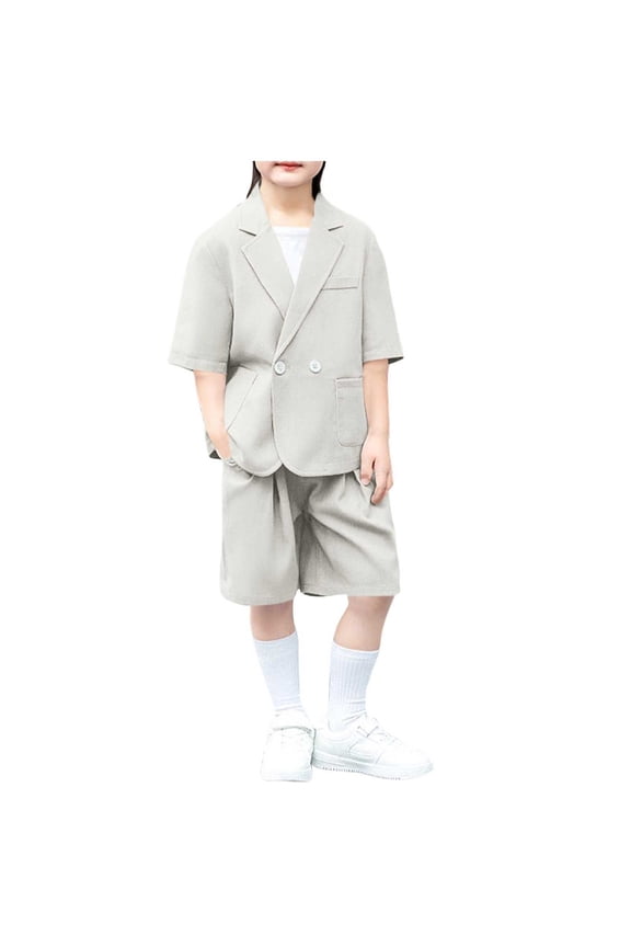 Boys Clothing Set, Loose Short Sleeve Collar Jacket and Uniform Shorts Casual Formal Suit Outfit 2-Piece Beige 14T