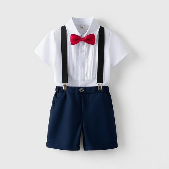 NAISIBABY Boys Formal Outfits, Short Sleeve Bowtie Shirt and Overall Shorts School Uniform Dressy Sets 2-Piece Blue 6T