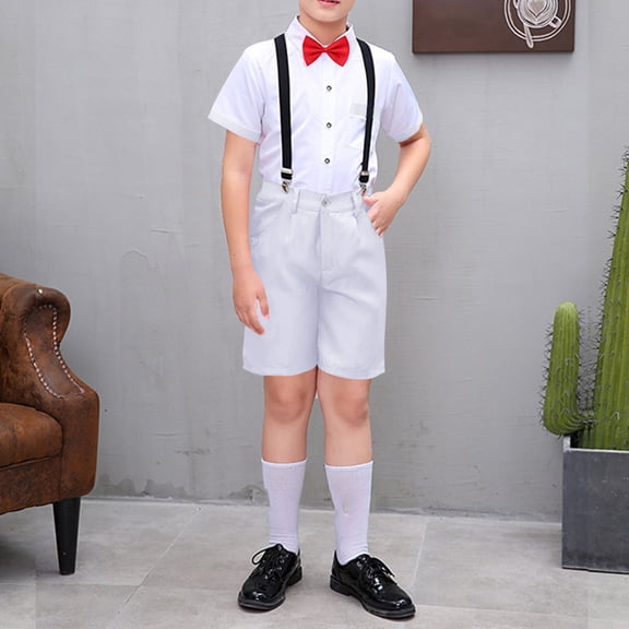 NAISIBABY Boys Formal Sets, Short Sleeve Bowtie Shirt with Overall Shorts Performance Gentleman Dressy Outfits White 9T