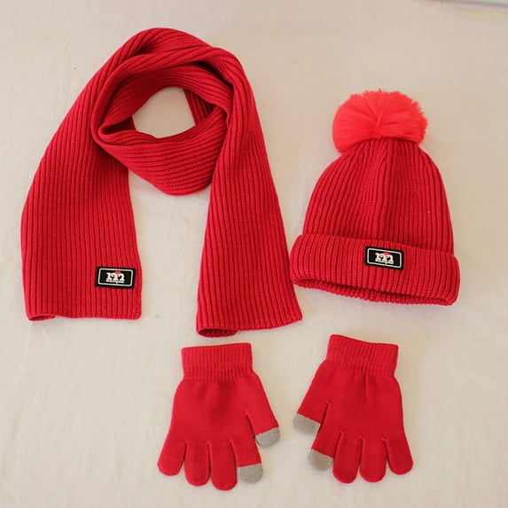 NAISIBABY Boys Girls Beanie Hat Scarf Gloves Set, Comfy Solid Color Knit Thickening Kids Winter Outdoor Keep Warm 3 Pieces Set Red Free Size