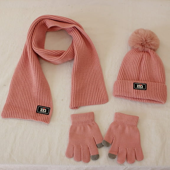NAISIBABY Boys Girls Beanie Hat Scarf Gloves Set, Knit Thickening Solid Color Comfy Kids Winter Outdoor Keep Warm 3 Pieces Set Pink Free Size