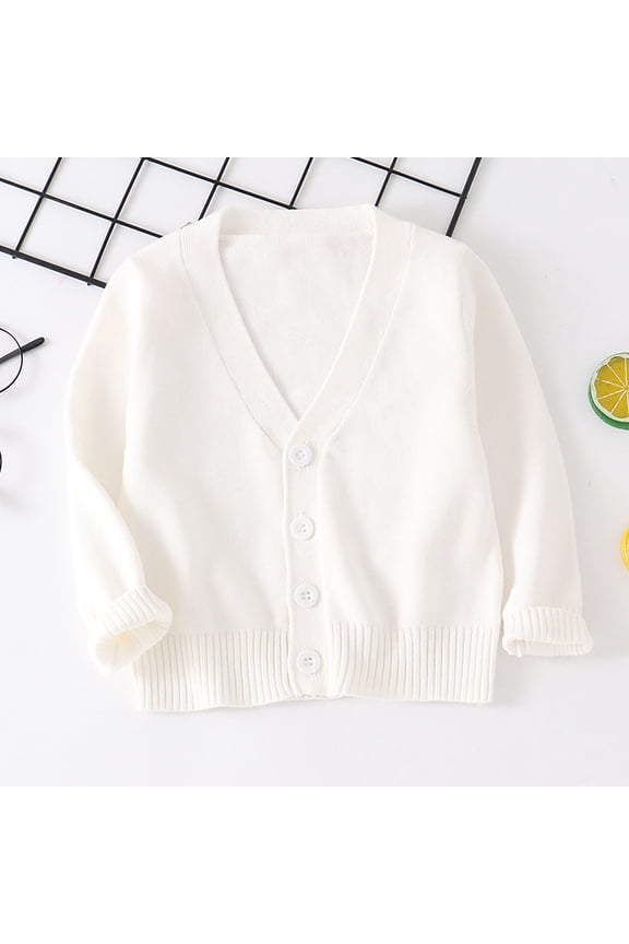 Boys Girls Cardigan Sweater, V Neck Long Sleeve Buttons Kids Casual Fleece Knitted Coat White 5T