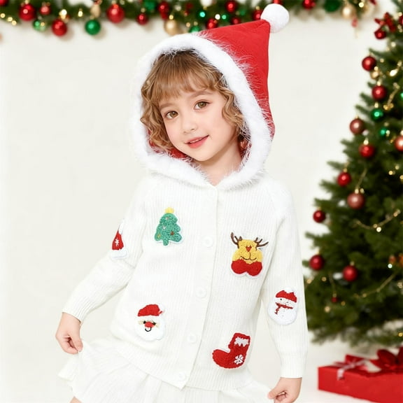 NAISIBABY Boys Girls Christmas Jacket, Santa Hooed Knit Cotton Buttons Kids Soft Festival Sweater Coat White 3T