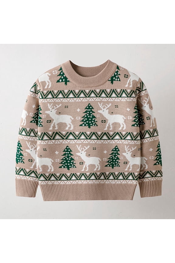 Boys Girls Christmas Sweater, Crew Neck Xmas Reindeer Long Sleeve Kids Fashion Knitted Sweater Khaki 2-3T