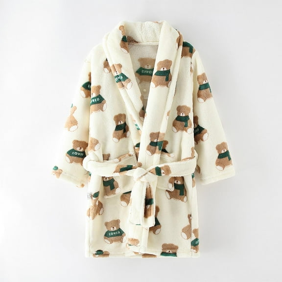 NAISIBABY Boys Girls Flannel Robes, Long Sleeve Keep Warm Nightgown Prints Bathrobe Kids Casual Loungewear Beige 4-5T