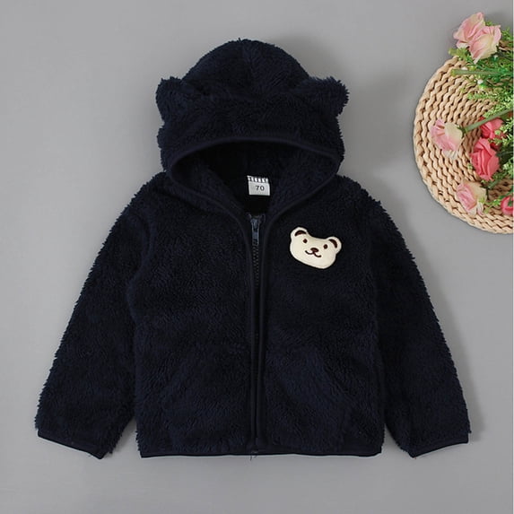 NAISIBABY Boys Girls Fleece Jacket, Warm Zipper Toddler Bear Ear Hooded Coat Dark Blue 6-12 Months