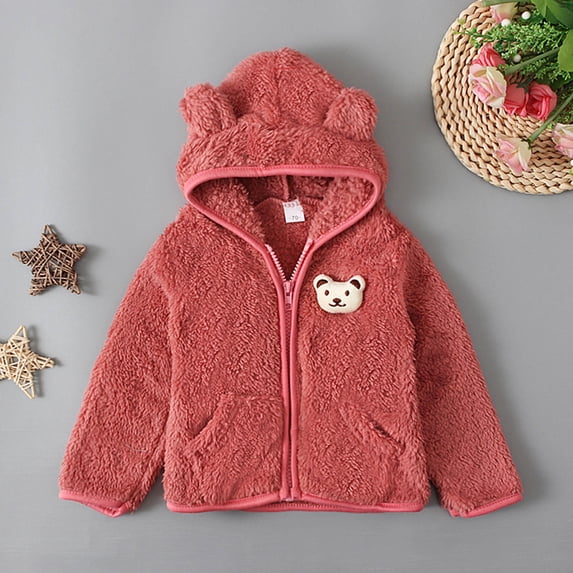 NAISIBABY Boys Girls Fleece Jacket, Warm Zipper Toddler Bear Ear Hooded Coat Pink 12-18 Months