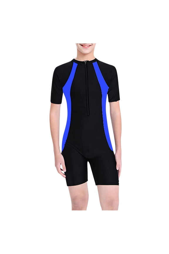 Boys Girls One-Piece Swimsuit, Stretch Zipper Short Sleeve Kids Beach Surf Training Swimwear Blue 12-15T
