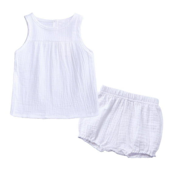 NAISIBABY Boys Girls Outfits 2-Piece, Solid Color Pleated Tank Tops and Elastic Shorts Summer Cotton Casual Sets White 9-12Months