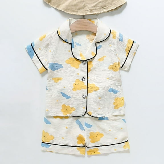 NAISIBABY Boys Girls Pajama Set 2PC, Cute Prints Short Sleeve Lapel Shirt Shorts Soft Silky Kids Summer Home Clothes Yellow 2-3T