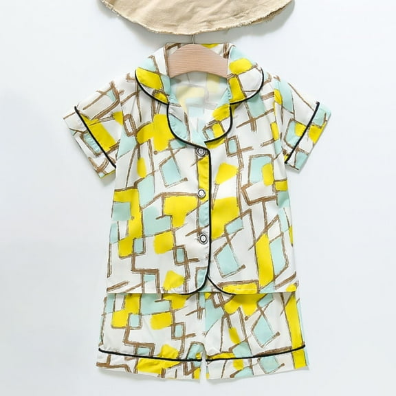 NAISIBABY Boys Girls Pajama Set 2PC, Cute Prints Silky Satin Short Sleeve Buttons Tops and Shorts Kids Summer Home Clothes Yellow 3-4T