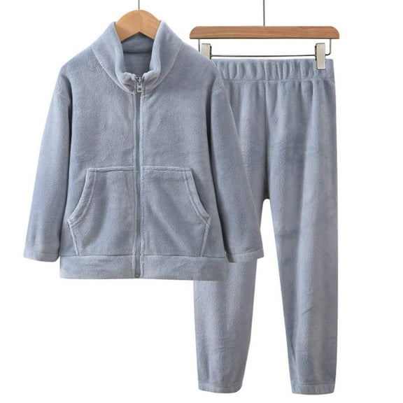 NAISIBABY Boys Girls Pajama Set, Flannel Zipper Jacket Tops Pants Thicken Winter Home Clothes 2-Piece Light Blue 8-10T