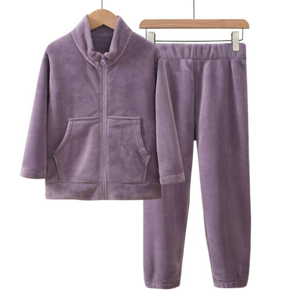 NAISIBABY Boys Girls Pajama Set, Flannel Zipper Jacket Tops Pants Thicken Winter Home Clothes 2-Piece Purple 8-10T