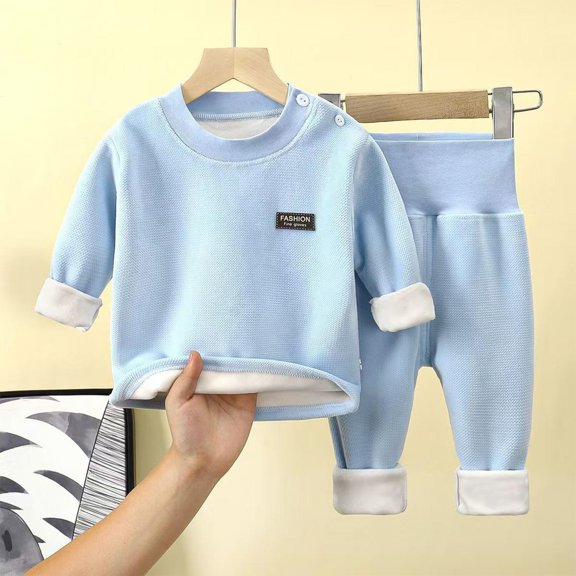 NAISIBABY Boys Girls Pajamas 2-Piece Set, Thicken Long Sleeved Tops Elastic Waist Pants Plush Velvet Winter Casual Home Clothes Light Blue 1-2T