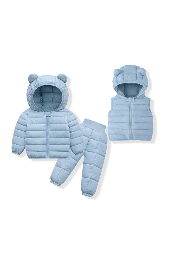 Boys Girls Puffer 3-Piece Set, Sleeveless Vest Coat Long Sleeve Jacket Elastic Waist Pants Winter Lightweight Outfit Light Blue 0-1T