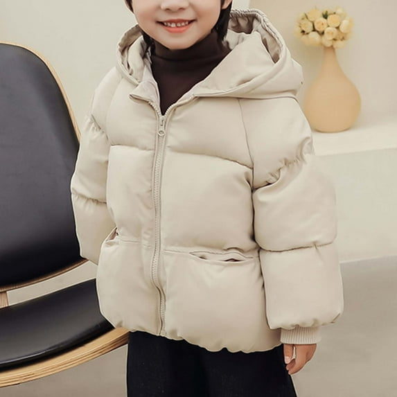 NAISIBABY Boys Girls Puffer Jacket, Solid Color with Pockets Keep Warm Hooded Quilted Winter Coat Beige 1-2T