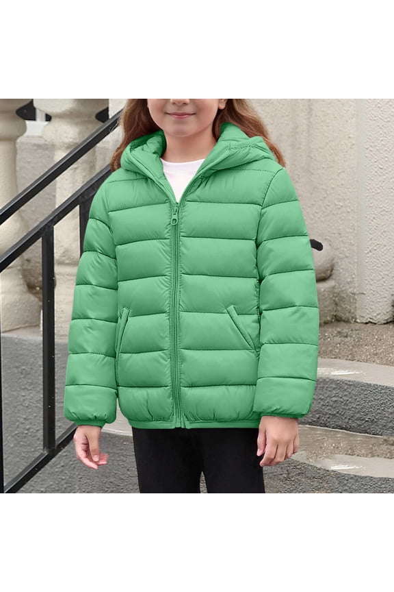 Boys Girls Puffer Jacket, Windproof Hooded Zip Up Lightweight Winter Thermal Quilted Coat with Pockets Green 12T