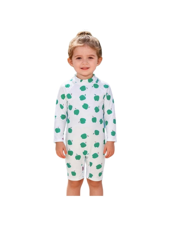 Boys Girls Rash Guard Swimsuit, Cute Prints Quick Dry Long Sleeve Sun Protection Toddler Beach Sports Bathing Suit Green 1T