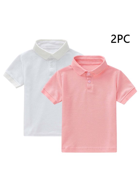 Boys Girls School Uniform Polo Shirt 2-Pack, Solid Pique Tagless Short Sleeve Kids Performance T-Shirt Pink Size 3