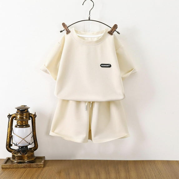 NAISIBABY Boys Girls Sets 2-Piece, Short Sleeve T-Shirt and Elastic Waist Shorts Casual Loose Active Outfits Beige 4-5T