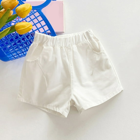 NAISIBABY Boys Girls Shorts, Elastic Waist Solid Color Pockets Summer Casual Shorts White 6-7T