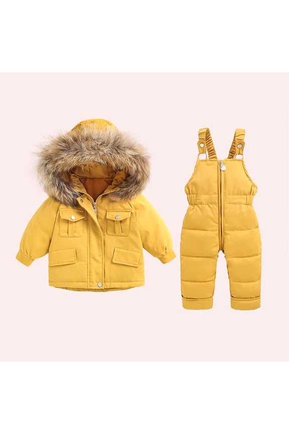 Boys Girls Snowsuit, Kids Waterproof Jumpsuit Outdoor Thicken Snow Ski Clothes Set Yellow 1-2T