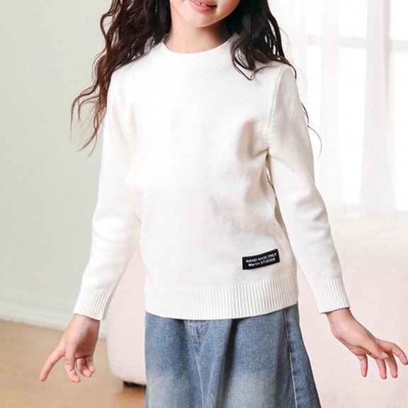 NAISIBABY Boys Girls Sweater, Long Sleeve Crew Neck Solid Color Pullover Basic Flock Tops White 12-14T