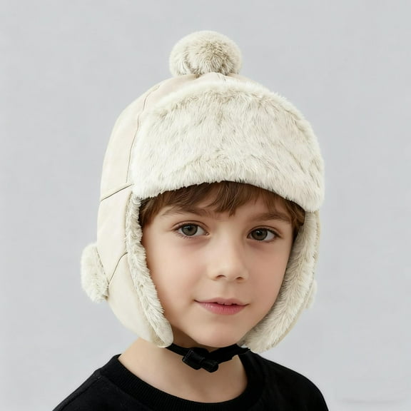 NAISIBABY Boys Girls Winter Beanie with Pom, Windproof Earflap Thicken Warm Fleece-lined Ski Cap Beige 3-10T