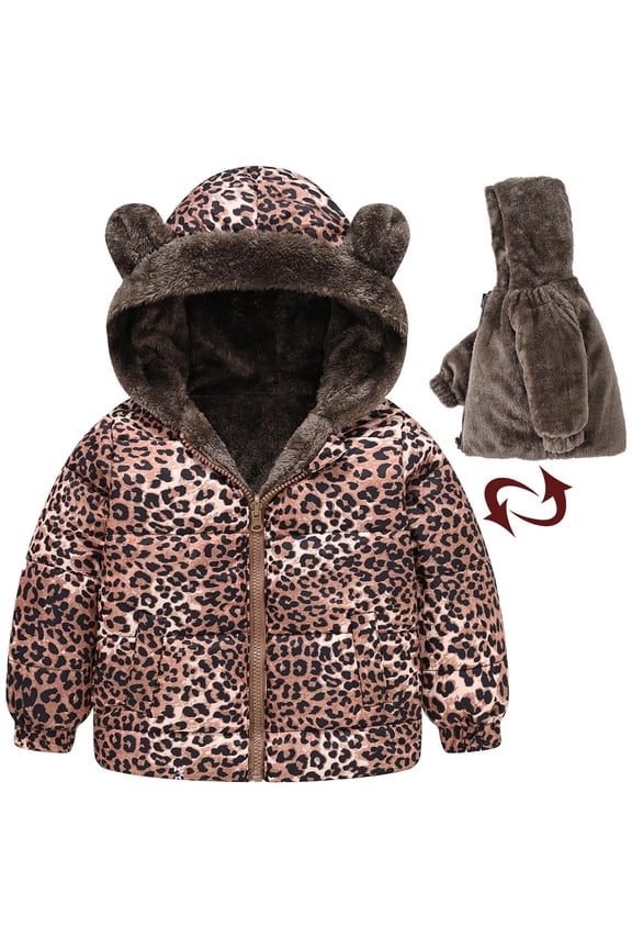 Boys Girls Winter Jacket, Long Sleeve Leopard Prints Zip Up Kids Plush Casual Coat Coffee 12-18Months