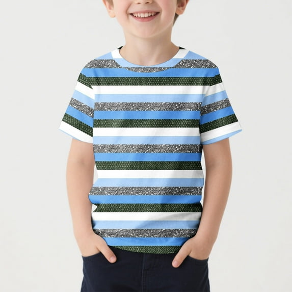 NAISIBABY Boys Graphic Tee, Short Sleeve Striped Prints Crew Neck Summer Casual Active T-Shirt Blue 10-11T