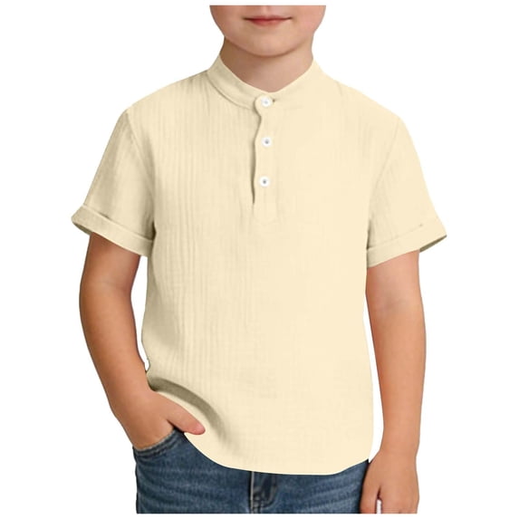 NAISIBABY Boys Henley Shirt, Button Down Lightweight Short Sleeve Kids Summer Casual Fashion T-Shirt Beige 12T