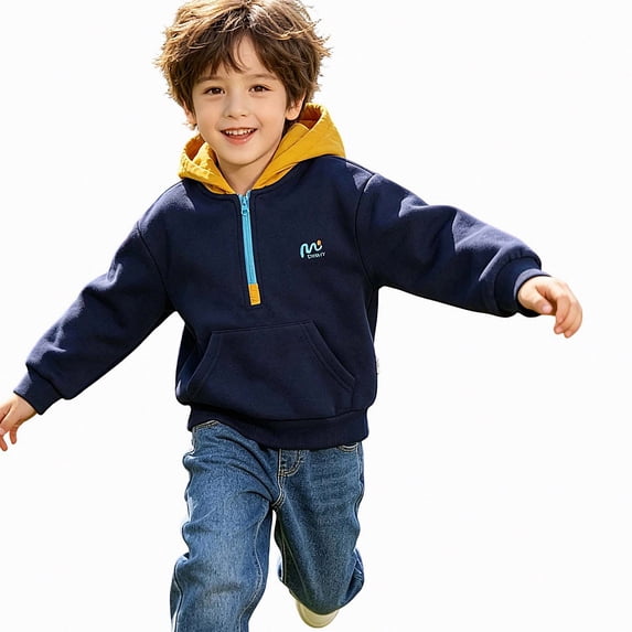NAISIBABY Boys Hooded Hoodies—Contrast-Panel Long-Sleeve Fall/Winter Half-Zip Pullover Sweatshirt Navy Size 3T