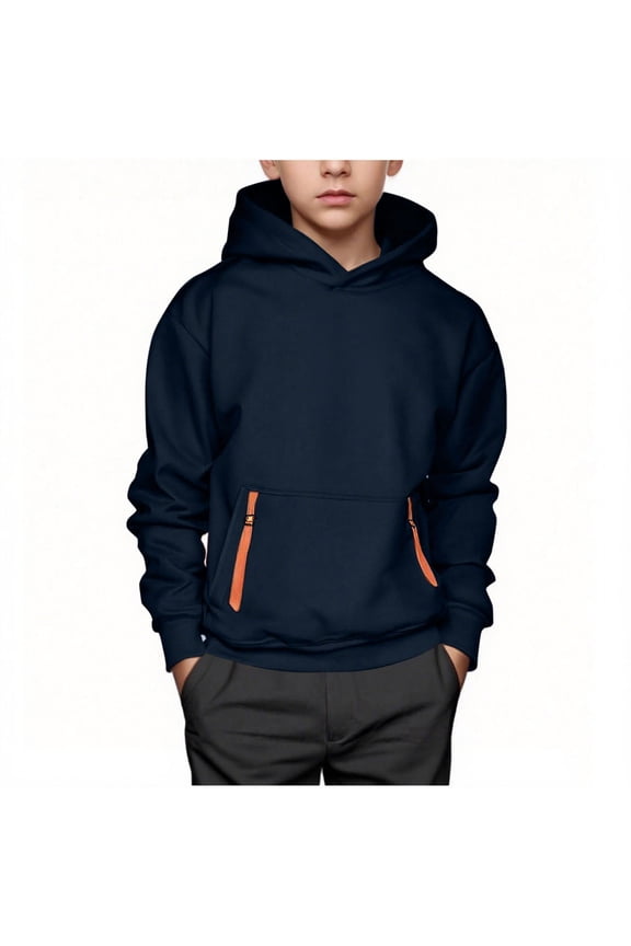 Boys Hoodie (4-15T), Thick Fleece Lined Long Sleeve Zip Up Pocket Fall Winter Fashion Hooded Sweatshirt Navy 14T