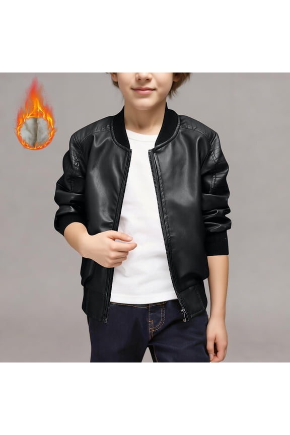 Boys Leather Bomber Jacket, Fleece Thicken Long Sleeve Zipper Fashion Handsome Motorcycle Coat Black 9T