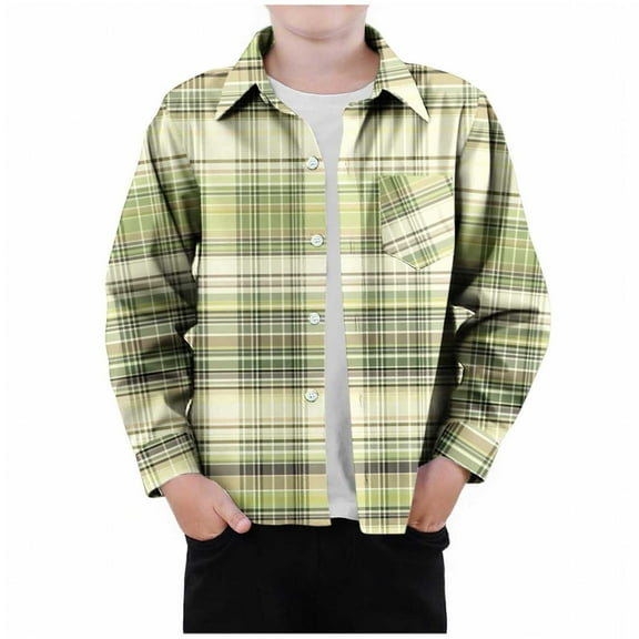 NAISIBABY Boys Long Sleeve Shirt, with Pocket Button-Up Lapel Checked Fall Casual Fashion Tops Green 5T