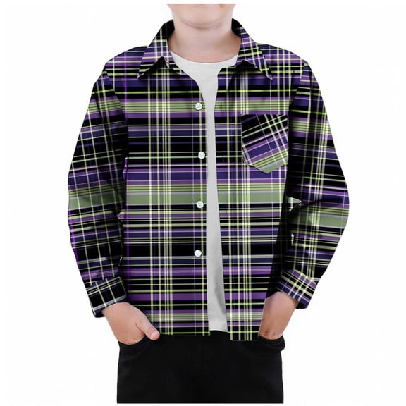 NAISIBABY Boys Long Sleeve Shirts, Button Down Lapel Checked Fall Casual Fashion Tops Purple 8T