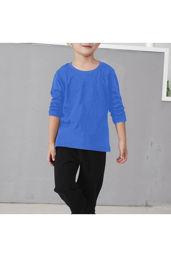Boys Long Sleeve T-Shirt, Cotton Solid Color Crew Neck Casual Basic Tops Blue 4T