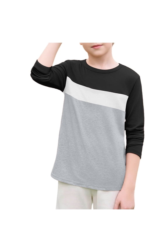 Boys Long Sleeve T Shirt, Soft Causal Colorblock Crewneck Kids Pullover Tees Clothes Black 9T