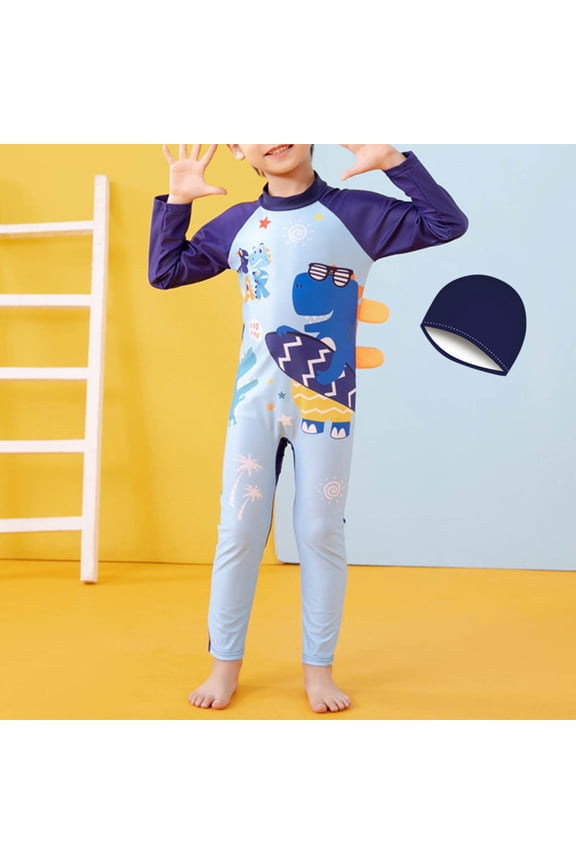 Boys One-Piece Rash Guard Swimsuit, Long Sleeve Graphic Tops with Swim Cap Bathing Suit Blue 9-11T