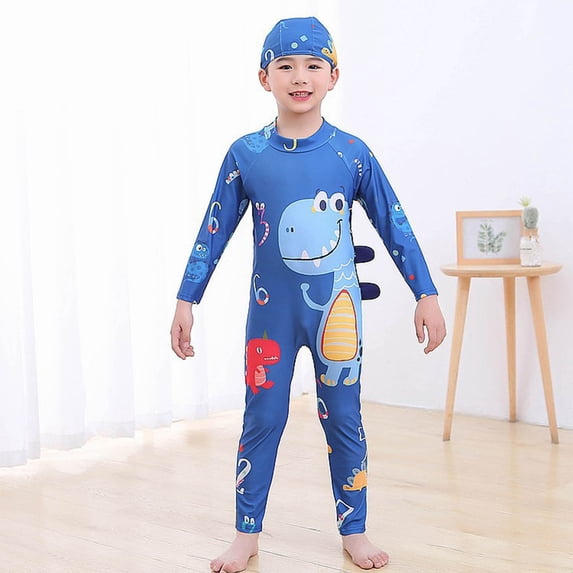 NAISIBABY Boys One-Piece Swimsuit 2-Piece, Long Sleeve Graphic Swimwear with Swim Cap Rash Guard Bathing Suit Blue 5-6T