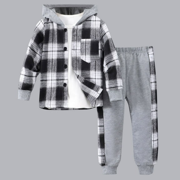 NAISIBABY Boys Outfit Sets, Long Sleeve Plaid Hooded Buttons Shirt and Jogger Sweatpants Fashion Casual 2-Piece Multicolor 6T