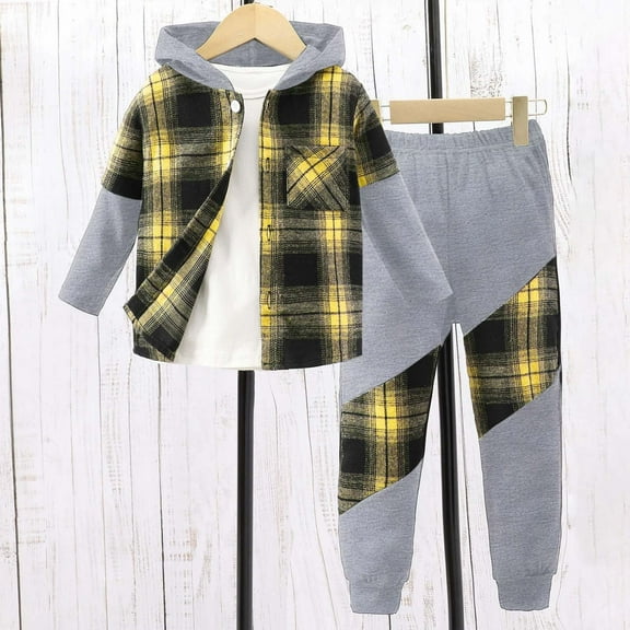 NAISIBABY Boys Outfit Sets, Plaid Hooded Long Sleeve Shirt Jacket and Sweatpants Fall Winter Fashion Causal Clothes 2-Piece Yellow 1T