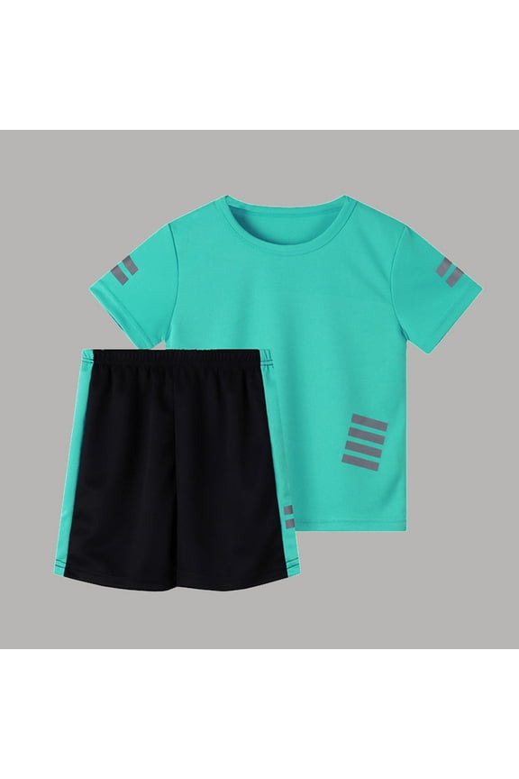 Boys Outfit Sets, Quick-Dry Short Sleeve Reflective Strip T-Shirt Sports Shorts Summer Active Sets 2-Piece Green 5T